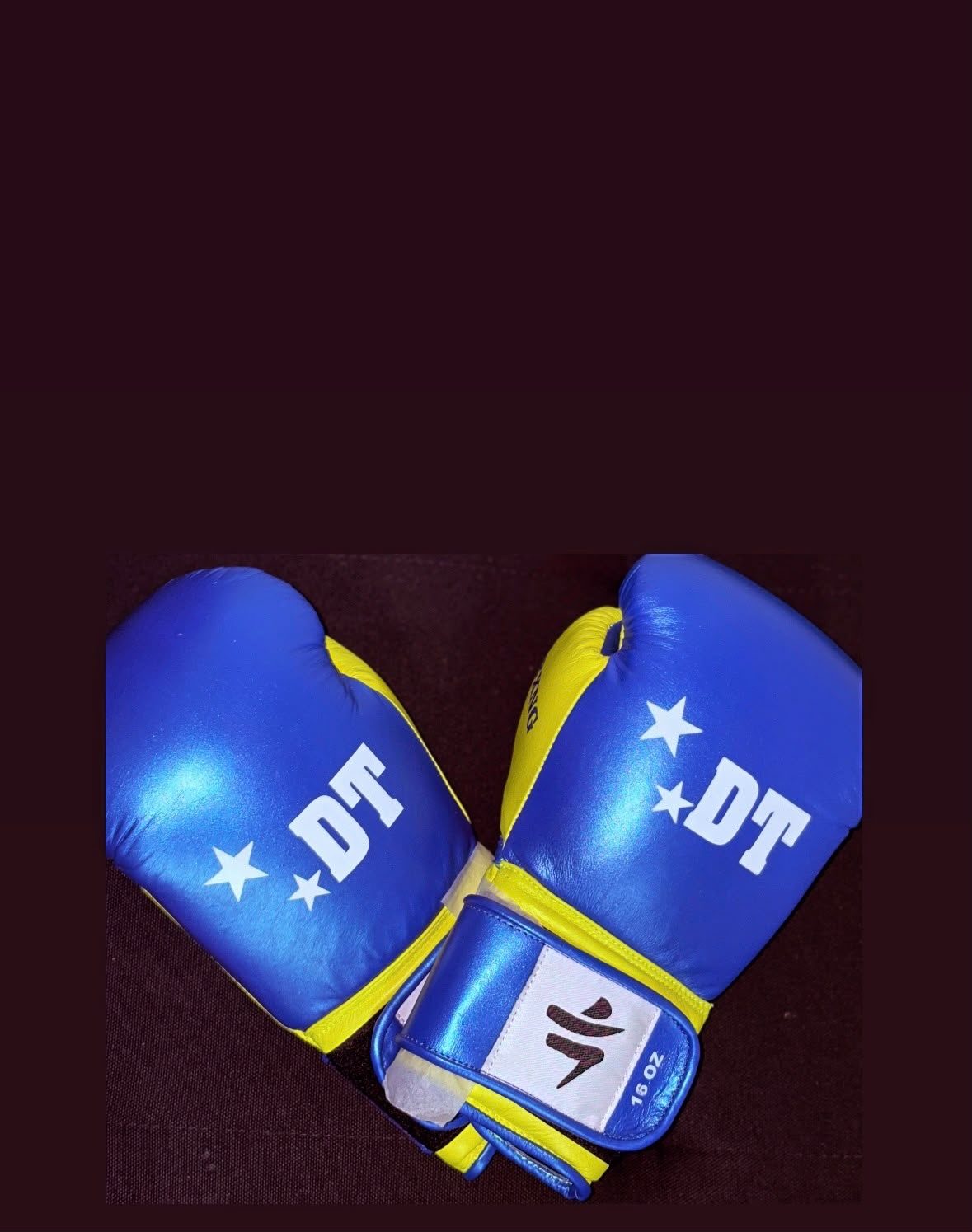 Custom handschoenen blauw-geel 16 oz